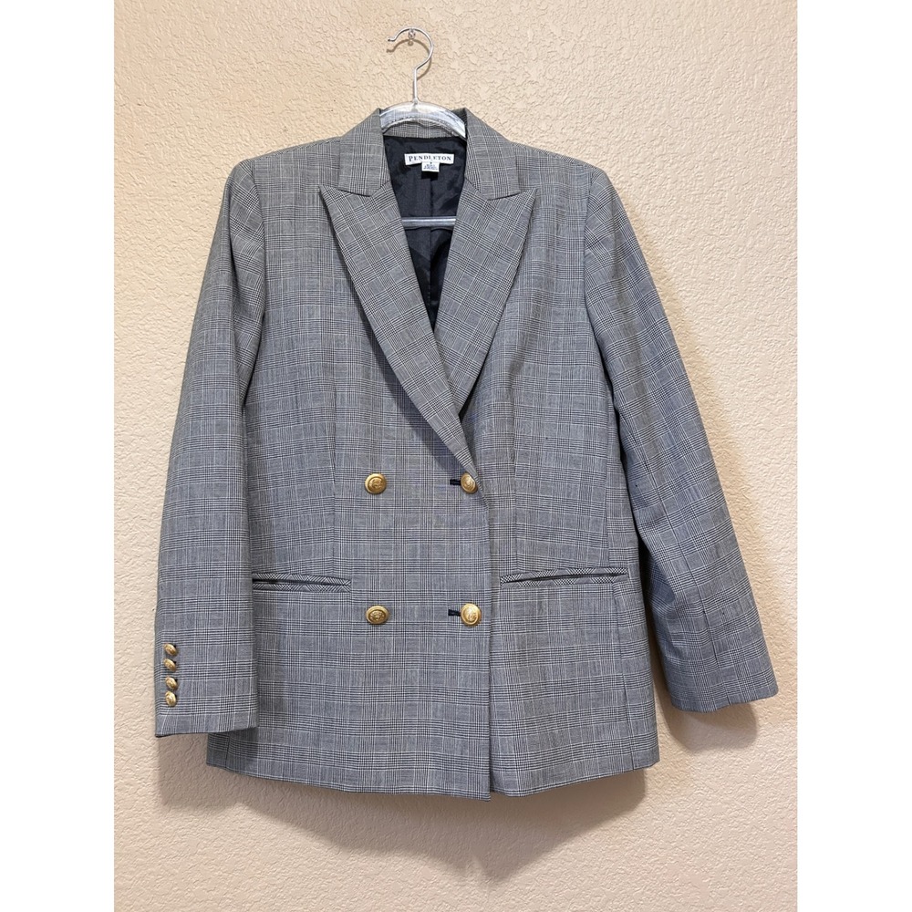 Pendleton 8 Double Breasted Wool Blazer Grey Plaid Gold Button Academic Office